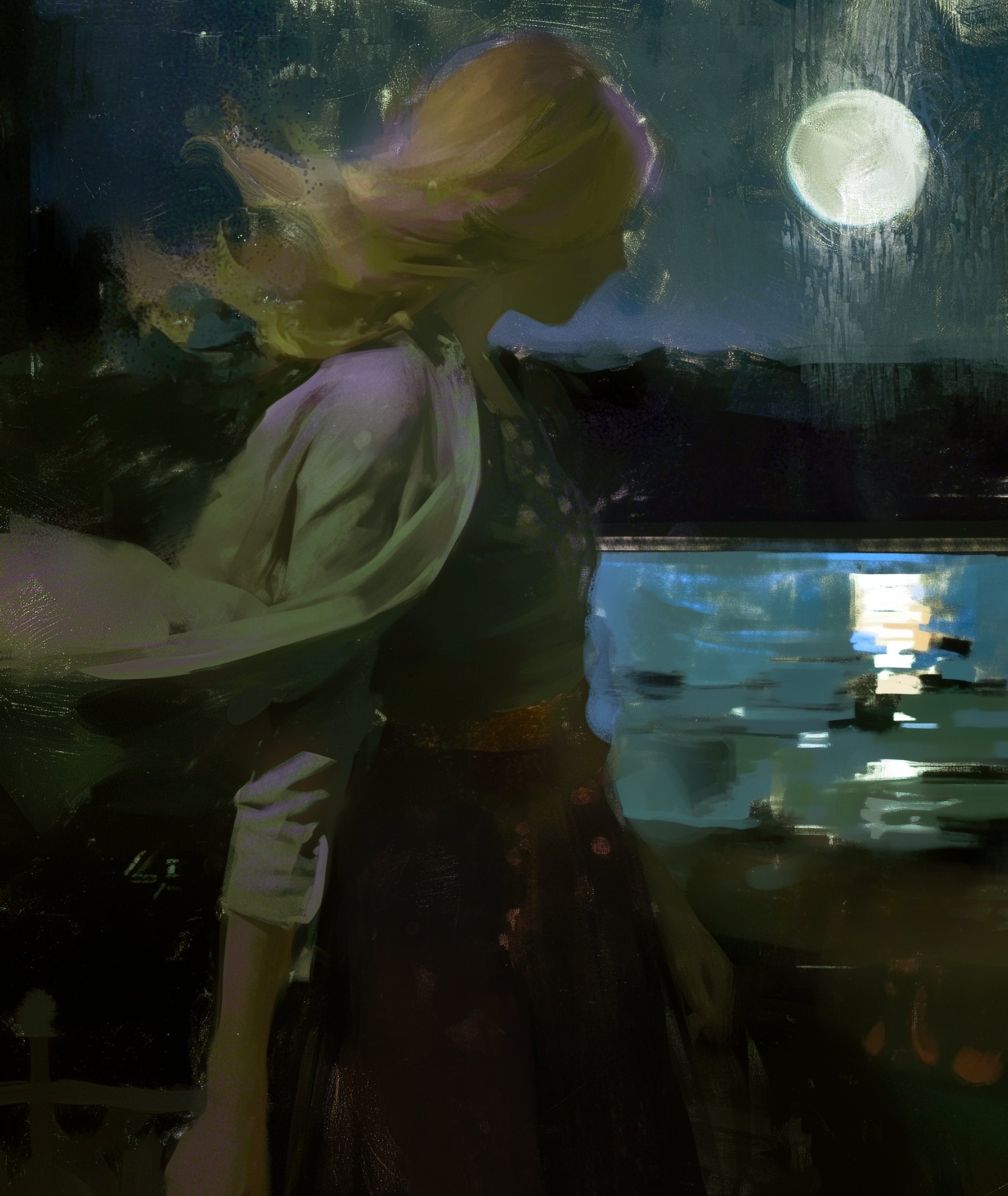 the image is a digital painting depicting a young woman with long blonde hair standing by a body of water at night. the moon is visible in the sky, and the overall atmosphere is romantic, mysterious, and atmospheric. the style is impressionistic and abstract, with loose brushstrokes and a focus on mood and feeling rather than precise detail. the woman's dress is dark, and her expression is not clearly visible, adding to the sense of mystery.  the background shows a dark shoreline and a body of water reflecting light from the moon and what may be a distant light source. the painting evokes a sense of solitude and contemplation.