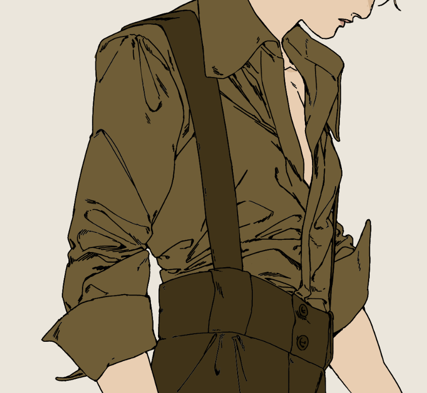 a man wearing a brown collared shirt with suspenders and brown pants, drawn in a cartoon style. the man has short hair and looks to his right side. the image is drawn with black lines on a creamcolored background.