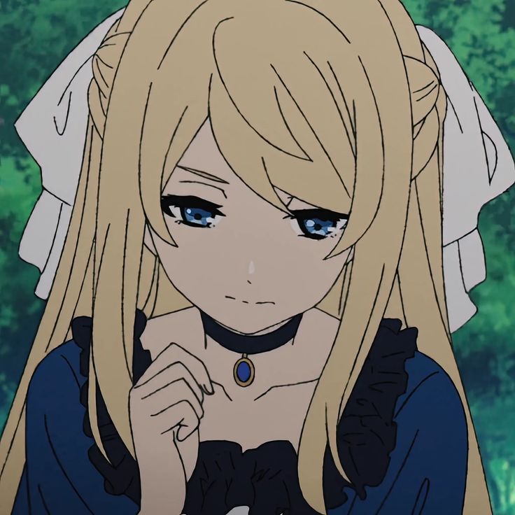 the image shows a closeup of an anime girl with long blonde hair and blue eyes. she is wearing a blue dress with black lace and a black choker with a blue gemstone. she is looking down with a sad expression and appears to be crying. the background is a blurry green, possibly a forest.