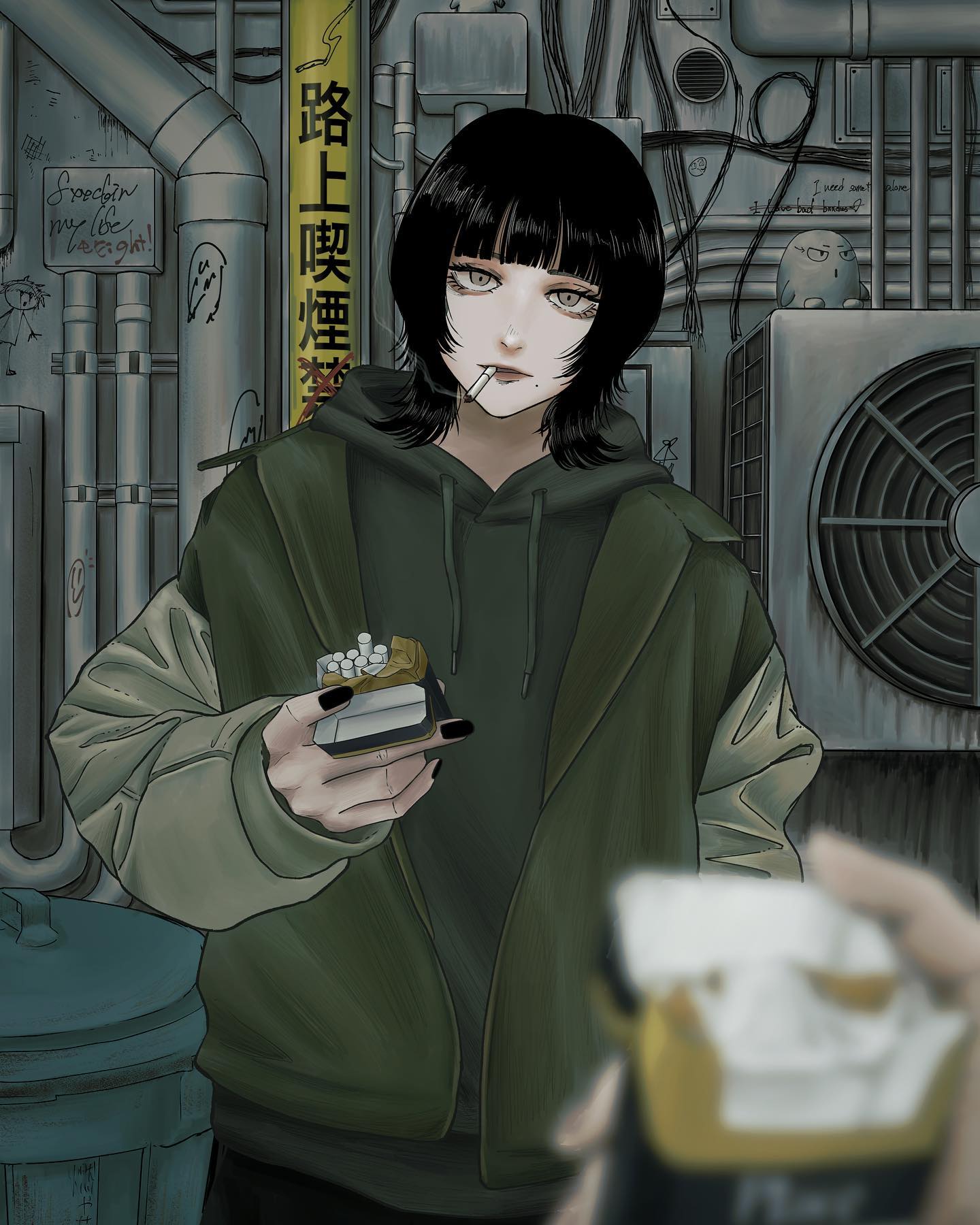 the image is a digital illustration of an anime girl with black hair and bangs, wearing a dark green jacket and hoodie. she is holding a pack of cigarettes and appears to be smoking. the background is a dark and gritty urban alleyway with pipes, industrial elements, and graffiti. the overall mood is dark and moody, with a focus on atmospheric detail. the girl's expression is somewhat stoic and mysterious. the image has a detailed style, with careful attention to shading, textures, and the overall composition. the presence of japanese kanji suggests a setting in japan. a partial view of a cigarette pack and hand appears in the bottom right, suggesting another person nearby.
