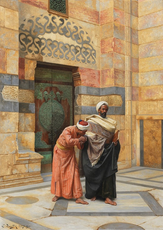 a painting in the orientalist style depicts two men in traditional arab clothing in front of an ornate doorway. one man, wearing a red and white turban and a striped orange robe, is bowing and kissing the hand of the other. the second man is taller, has a dark beard, wears a white turban, and is draped in a creamcolored shawl over a dark robe. the setting is a stone building with detailed carvings and inscriptions above the doorway, suggesting an islamic context. the architecture is characterized by its elaborate ornamentation and the warm, earthy tones of the stone. the floor is made of lightcolored stone tiles. the painting evokes a sense of historical reverence and cultural tradition.