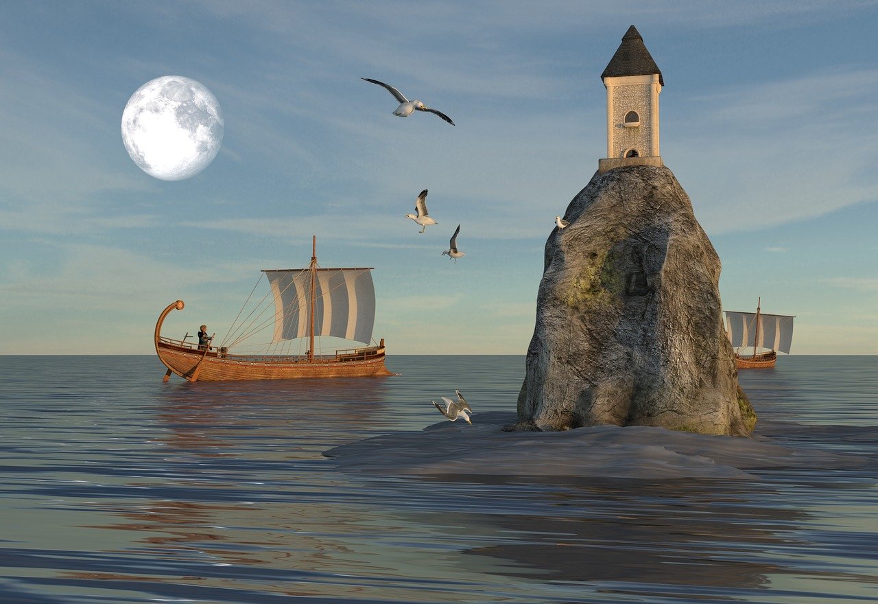 a sailing ship is sailing on the sea near a rock with a tower on top. there are seagulls flying around the rock and ship. the moon is visible in the sky.
