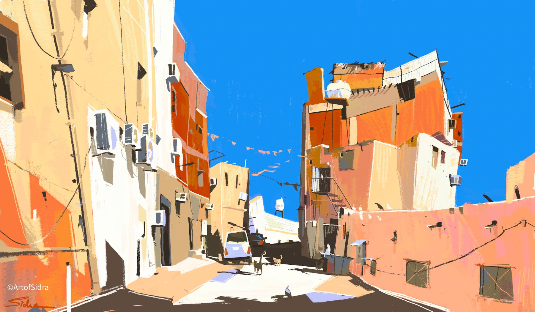 an art style painting of a street scene with various buildings in warm tones under a bright blue sky. the buildings have a mix of colors including orange, yellow, and white, with visible air conditioning units on their walls. the scene includes details like hanging utility lines, water tanks on rooftops, and the presence of a van parked on the street. there are also animals, possibly cats, present in the street. the painting style uses strong, visible brushstrokes and blocks of color to depict the scene.
