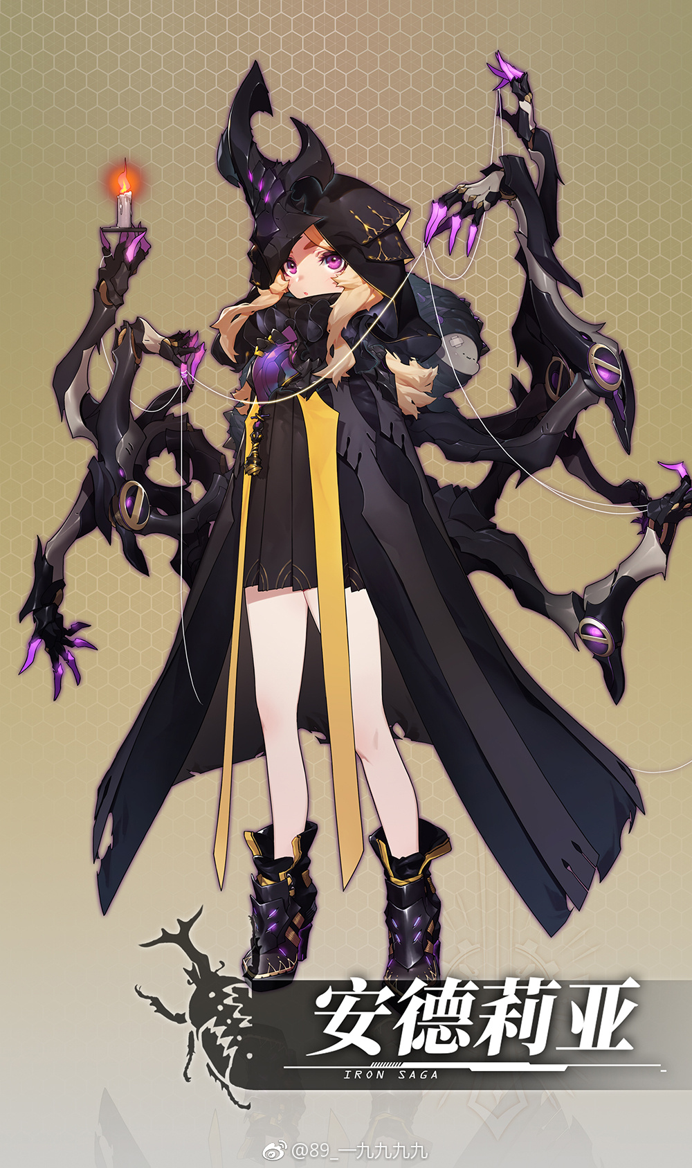 a young animestyle girl with blond hair and yellow eyes stands in a dramatic pose. she is dressed in a black cloak with yellow accents and wears thighhigh boots. she has several mechanical arms extending from her back, some of which hold a lit candle. the image is rendered in a dark color palette with soft lighting, and chinese text is visible in the lower right corner.