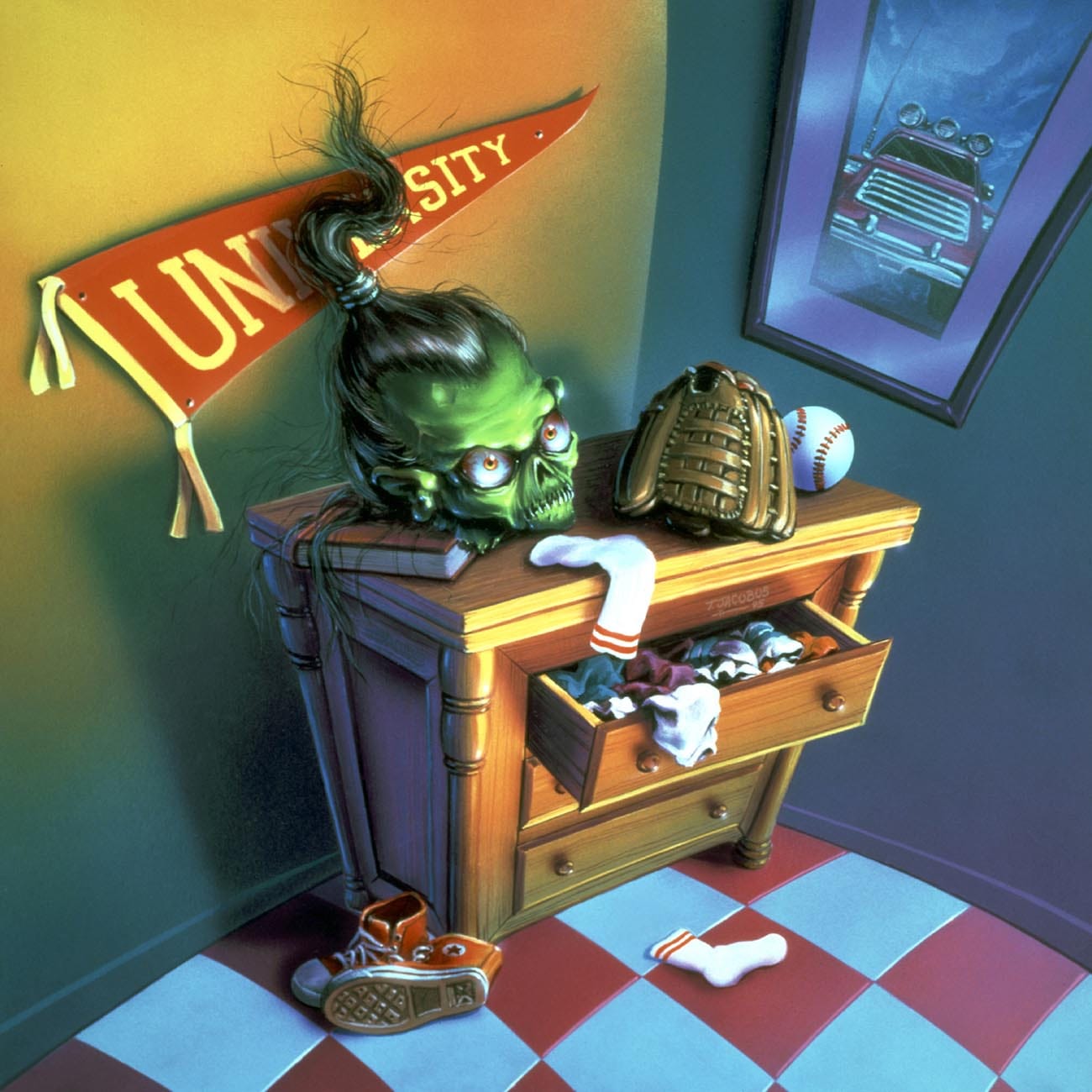 the image is a vibrant, retrostyle illustration depicting a green, skulllike monster head with a ponytail sitting atop a wooden dresser in what seems to be a teenager's bedroom. the room features a university pennant, a baseball glove and ball, scattered socks and sneakers, and a slightly cluttered drawer. the overall style evokes a feeling of 80s nostalgia, blending elements of horror and everyday life. the artwork's detailed rendering creates a surreal and slightly spooky atmosphere. the color palette is rich and slightly saturated, characteristic of illustrations from that era.