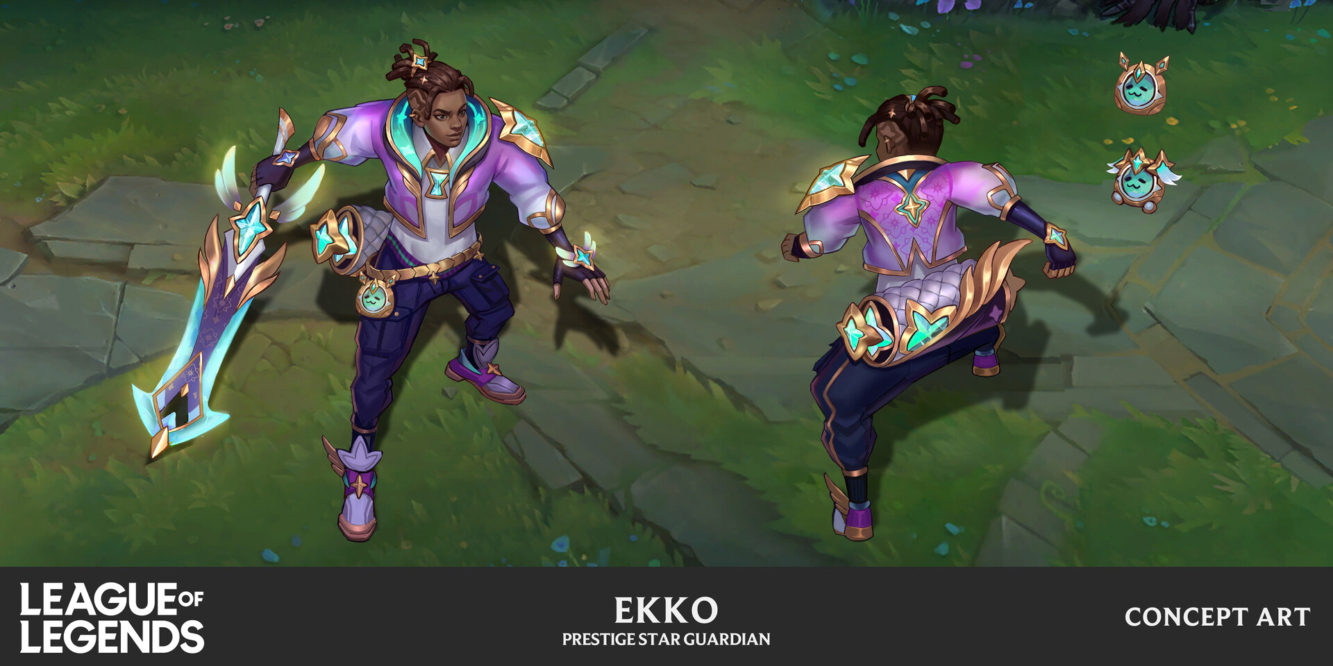 a digital illustration of ekko, a male character from the video game league of legends, dressed in a futuristic purple and gold outfit. he is holding a glowing sword and is standing on a grassy path. the image is labeled "concept art" and "prestige star guardian". there is a back view of the character to the right. the background is a fantasy landscape with lush greenery and stone pathways.