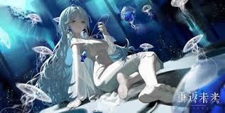 the image is an animestyle artwork featuring a girl with long white hair sitting underwater, surrounded by jellyfish. she is wearing a white dress. the background is a dark blue with beams of light.