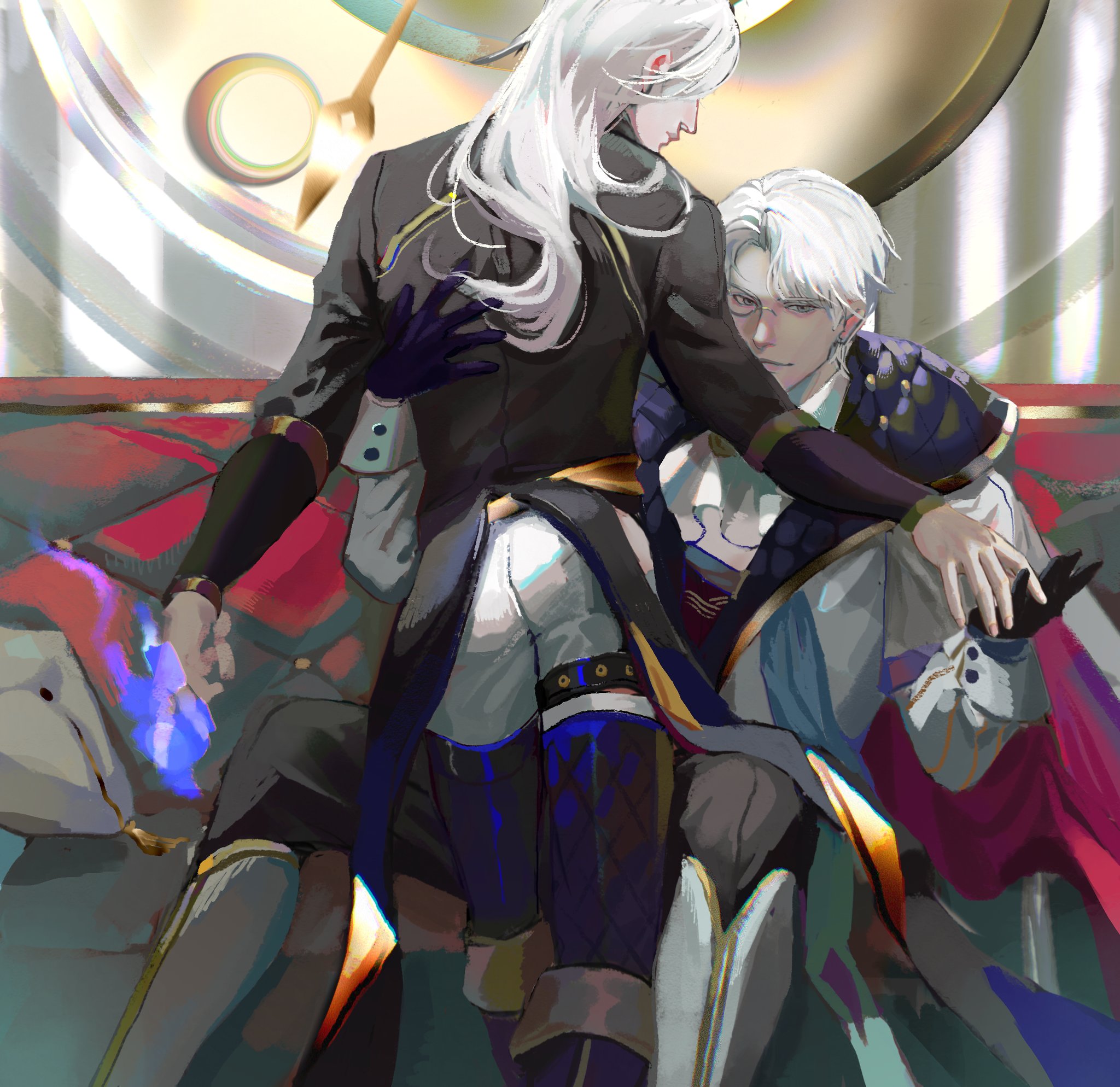 two anime men are sitting on a throne, they are hugging and looking at each other lovingly. the man in the front is wearing a white shirt, black pants, and a purple and gold cape. the man behind him is wearing a black jacket with gold trim, black pants, and black boots. they have both silver hair and blue eyes. the background is a gold and purple clock.