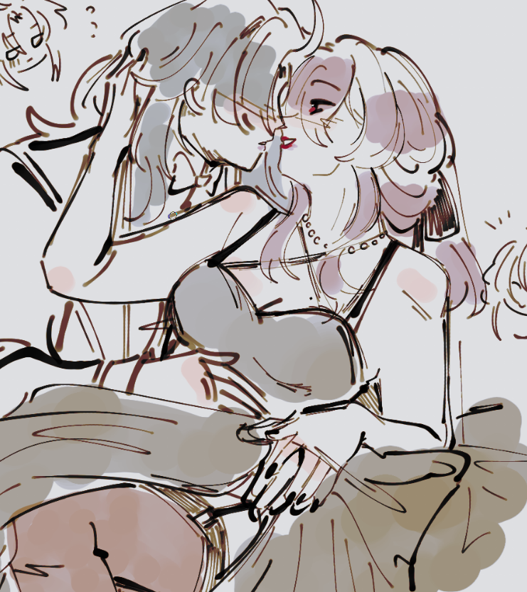 a drawing of an anime couple. the male character has long black hair and a white shirt. he's leaning in for a kiss with the female character. she has long purple hair, a black dress, and a pink blush on her face. they appear to be happy and in love. the drawing is in a simple style with light brown and black lines. the background is a soft grey.
