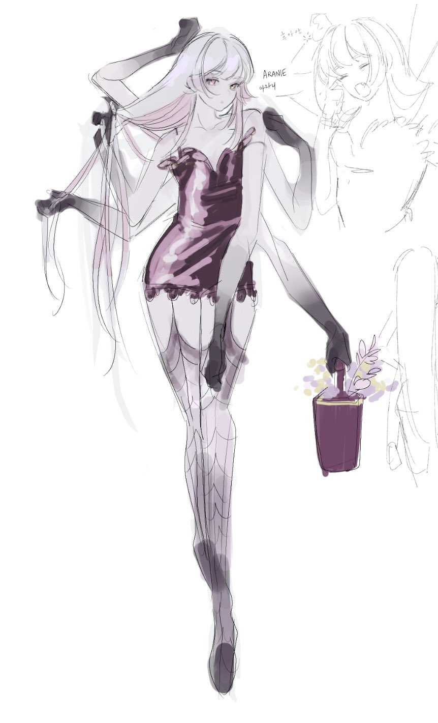 he image is a digital drawing or sketch of an animestyle female character. she has six arms, long purple hair, and is wearing a purple dress and stockings. she's carrying a small bag with flowers. the style is light and whimsical, with a slightly sketchy feel.  there are also smaller sketches of other characters or concepts in the background.  the overall impression is one of fantasy and elegance.