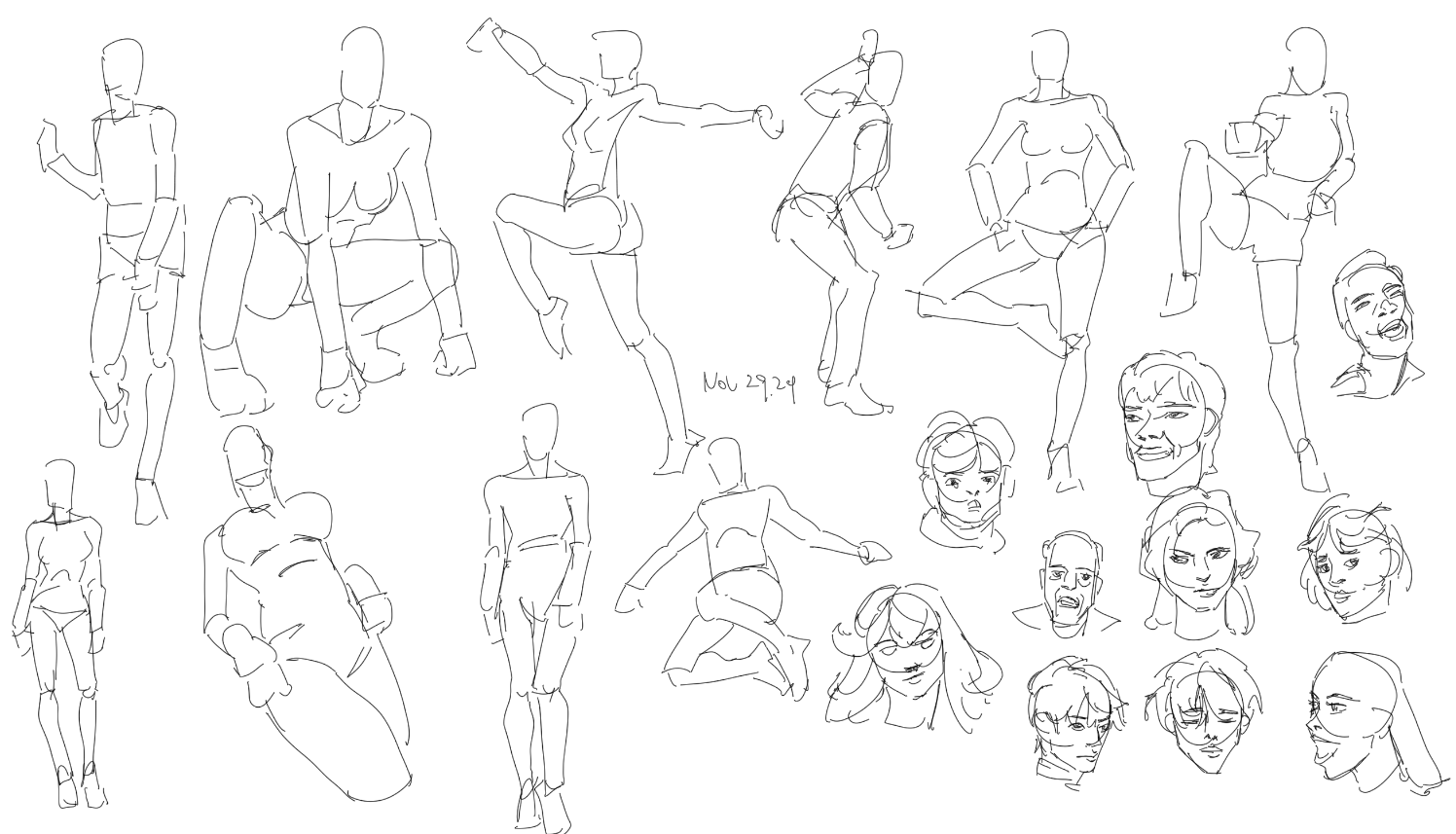 he image is a collection of quick sketches of various human figures in different poses and expressions. the style is loose and expressive, prioritizing gesture and movement over precise detail. the figures are rendered in simple lines, creating a sense of energy and spontaneity. the sketches include fullbody figures in various actions, as well as closeups of heads and faces, displaying a range of emotions.  a date, "nov 29 2024", is written in the center of the page. the overall impression is that of a sketchbook page filled with rapid, dynamic character studies.