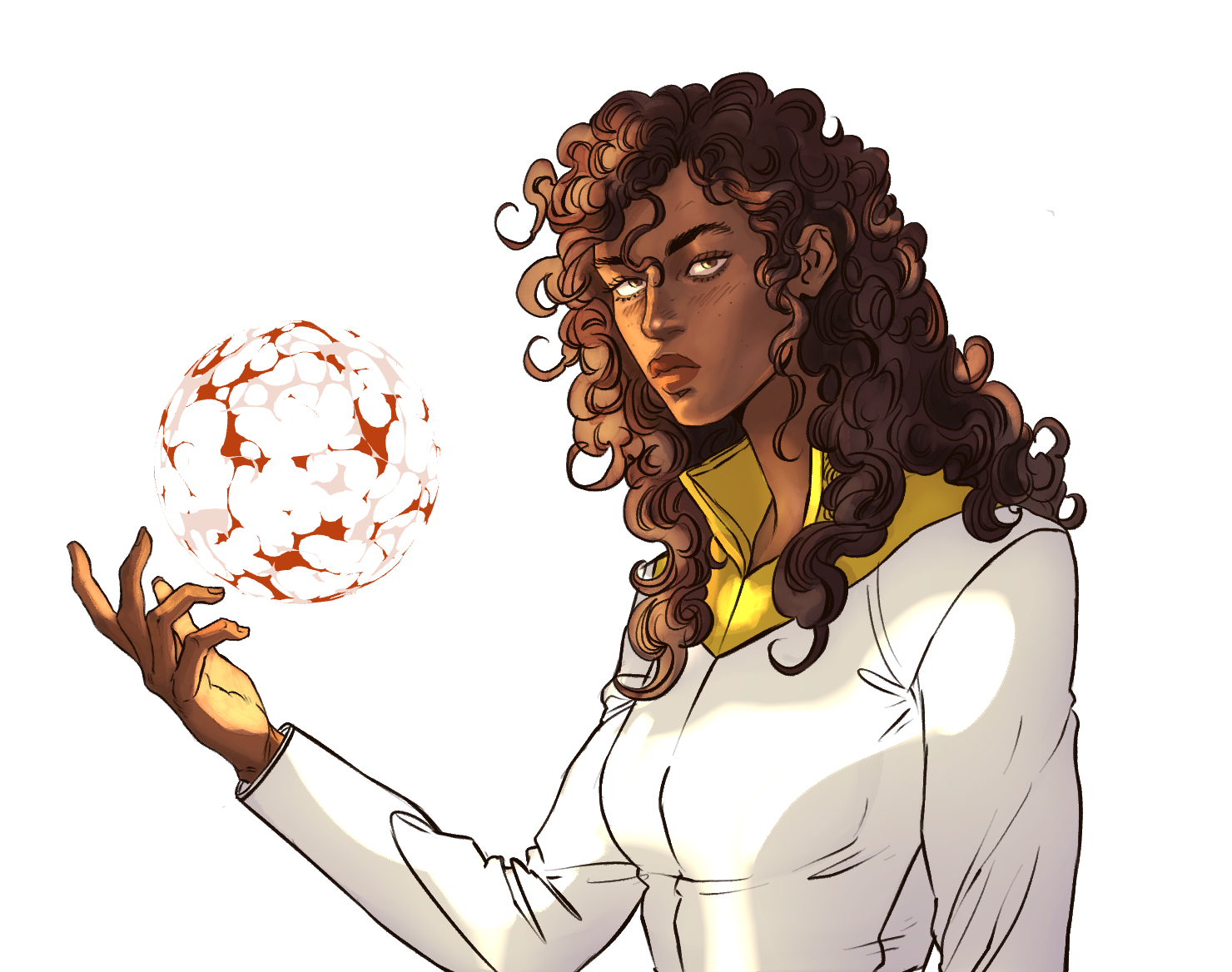 a drawing of a woman with curly brown hair, tan skin, and a serious expression, wearing a white shirt with a yellow collar, holding a glowing ball in her hand. the image has a fantasy feel.