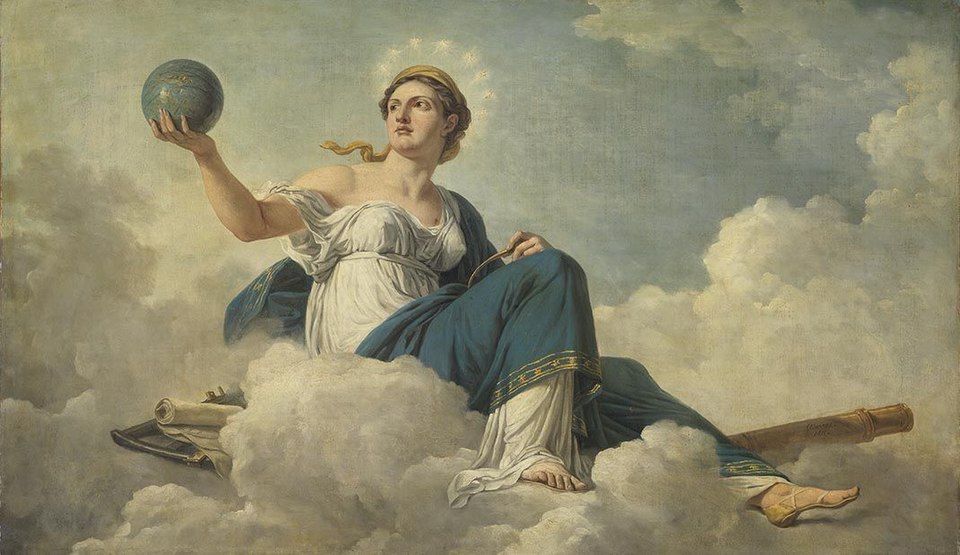 a painting depicts a neoclassical style allegory, likely representing urania, the muse of astronomy. a woman, presumably a goddess or celestial being, is seated on clouds amidst a blue and cloudy sky. she wears a flowing white dress and is draped with a blue robe. a crown of stars encircles her head, suggesting her celestial nature. in her raised right hand, she holds a globe. her left hand rests on what appears to be a scroll. the goddess is surrounded by attributes associated with astronomy, including a telescope. the overall composition evokes a sense of classical art. a scroll and holder are situated beneath her, as if providing a base. she looks at the globe with serene confidence.