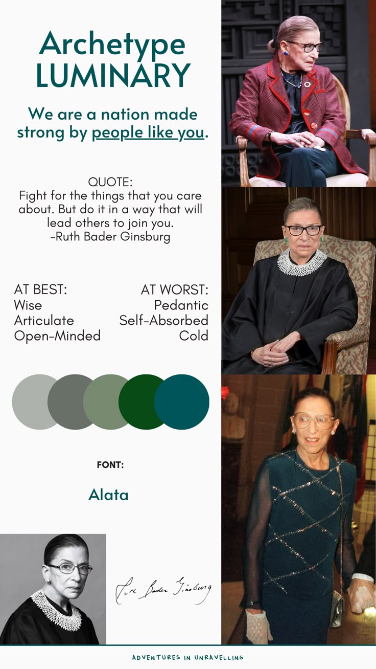 the image is a design showcasing ruth bader ginsburg as an "archetype luminary". it includes photos of her, a quote attributed to her, positive and negative traits, color swatches, and information about the font used.