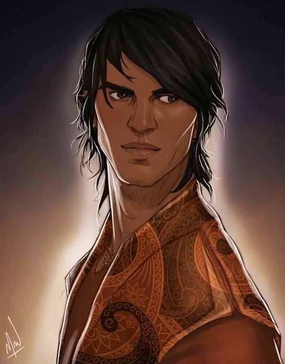 the image is a digital painting or illustration depicting a young, handsome man with dark hair and tan skin. he has a serious and somewhat mysterious expression.  he is wearing a richly detailed, orange and brown garment with an intricate paisley pattern, primarily visible on the shoulders and upper chest. the lighting is dramatic, highlighting his features and the texture of his clothing. the style is realistic, yet with a touch of fantasy or illustrative flair. the portrait is a closeup, offering a view from the shoulders up.