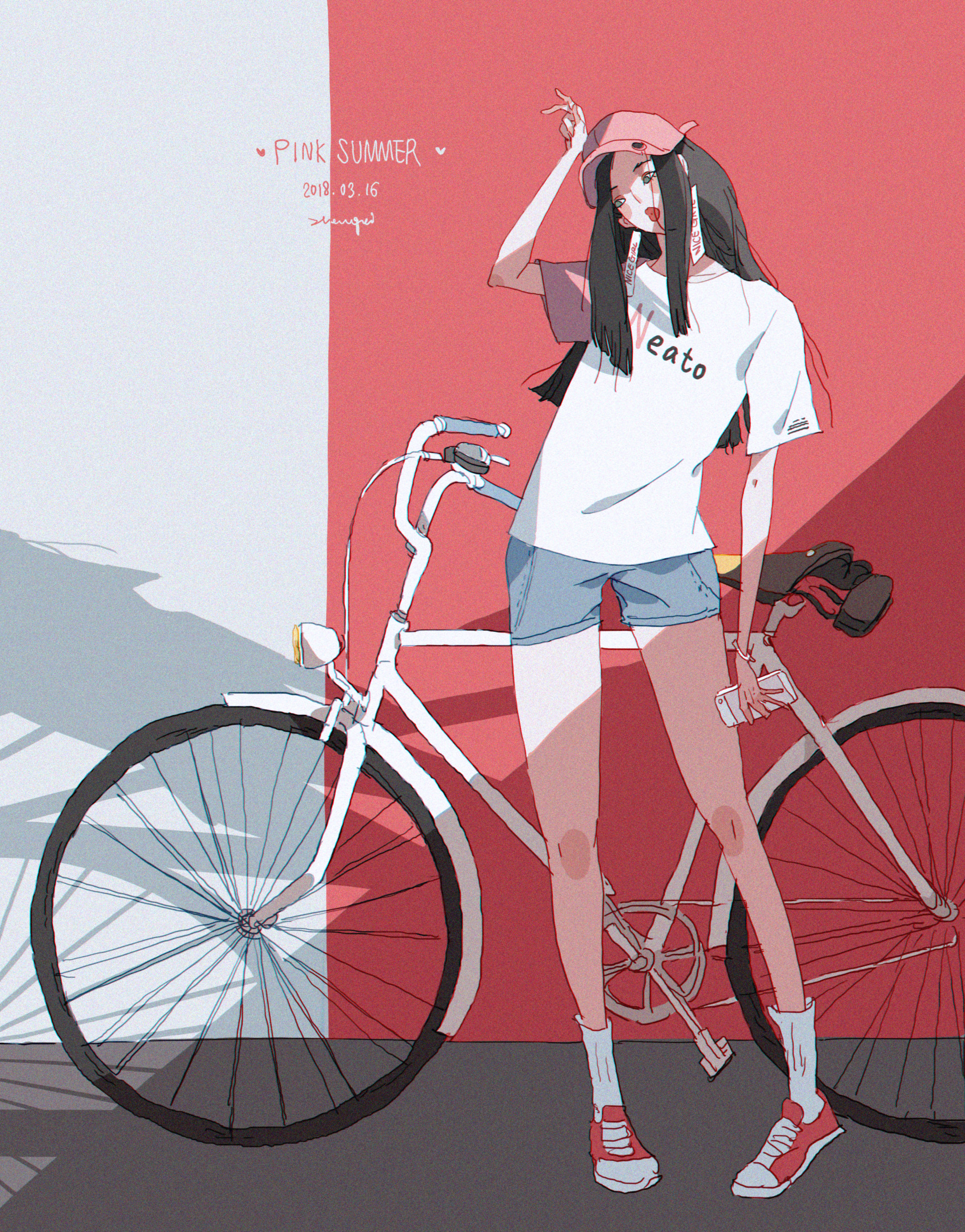 a young anime girl in a red cap and white graphic tee is standing next to a white bicycle against a red wall. the wall is partially covered by a shadow from a bright light source, creating a stark contrast. the bicycle is partially visible in the background, the girl's long legs and casual attire are emphasized. the word "pink summer" is written on the wall in pink lettering, indicating the theme and season.  the overall style of the illustration is colorful, casual, and trendy, typical of modern anime art.