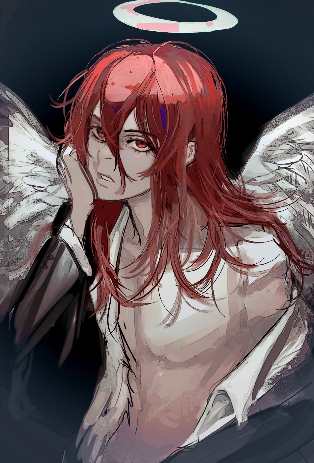 this is a digital illustration of an anime boy with long red hair. he has white angel wings, a halo, a white shirt, and a black jacket. he is looking down with a sad expression. the background is dark. the overall image is melancholic and lonely.