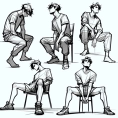 a black and white drawing of five men, all in different poses. some are sitting in chairs and some are standing. all of them have their legs spread apart and relaxed expressions on their faces.