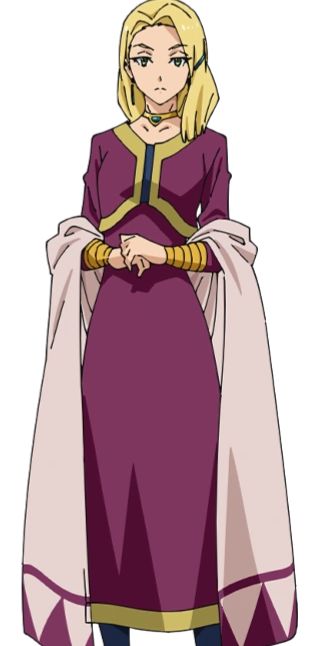 a fullbody illustration of an anime girl. the girl is blonde with her hair tied in a ponytail, wearing a long purple dress with a long white shawl. she is looking forward with a serious expression. her hands are folded in front of her. she has a green stone necklace around her neck. the background is white.