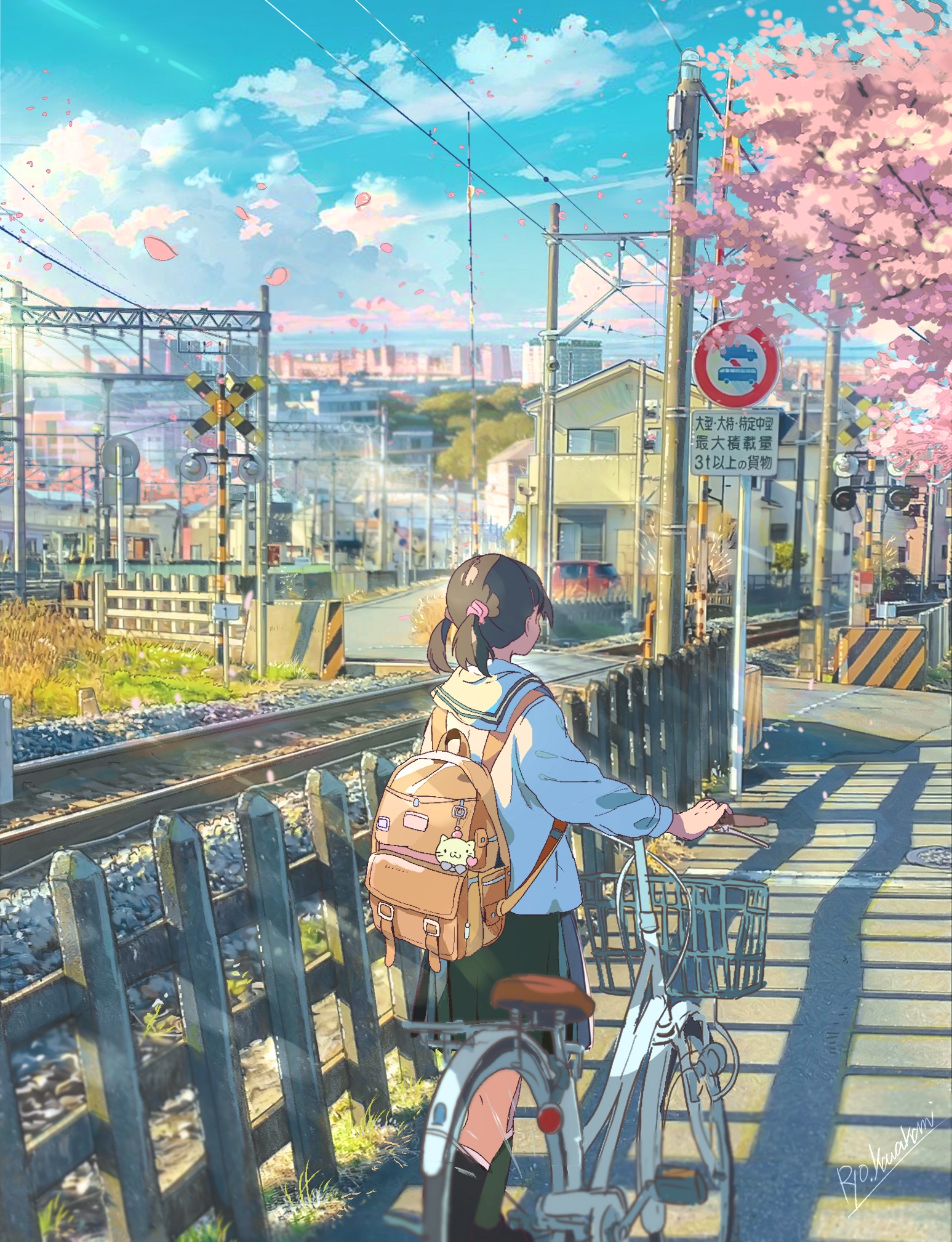 an animestyle illustration depicts a young girl standing on a sidewalk, holding onto a bicycle, beside train tracks. she is wearing a school uniform, a backpack with a plush charm, and has her hair in pigtails. in the background, there are train tracks with signals, buildings, houses, and blooming sakura trees. the sky is filled with clouds, and there is a road sign with japanese characters. overall, the scene is a picturesque depiction of a suburban area in japan, possibly during the spring season.