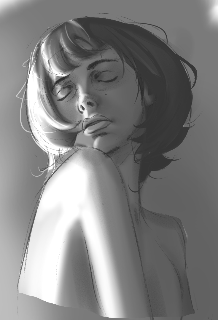 a black and white digital drawing of a woman with short black hair, she has her eyes closed and is looking down, there is a light from the top that shines on her face and shoulder.  the drawing is simple and minimal, with a focus on the woman's expression and the soft light and shadows. the drawing creates a melancholic and dreamlike atmosphere.