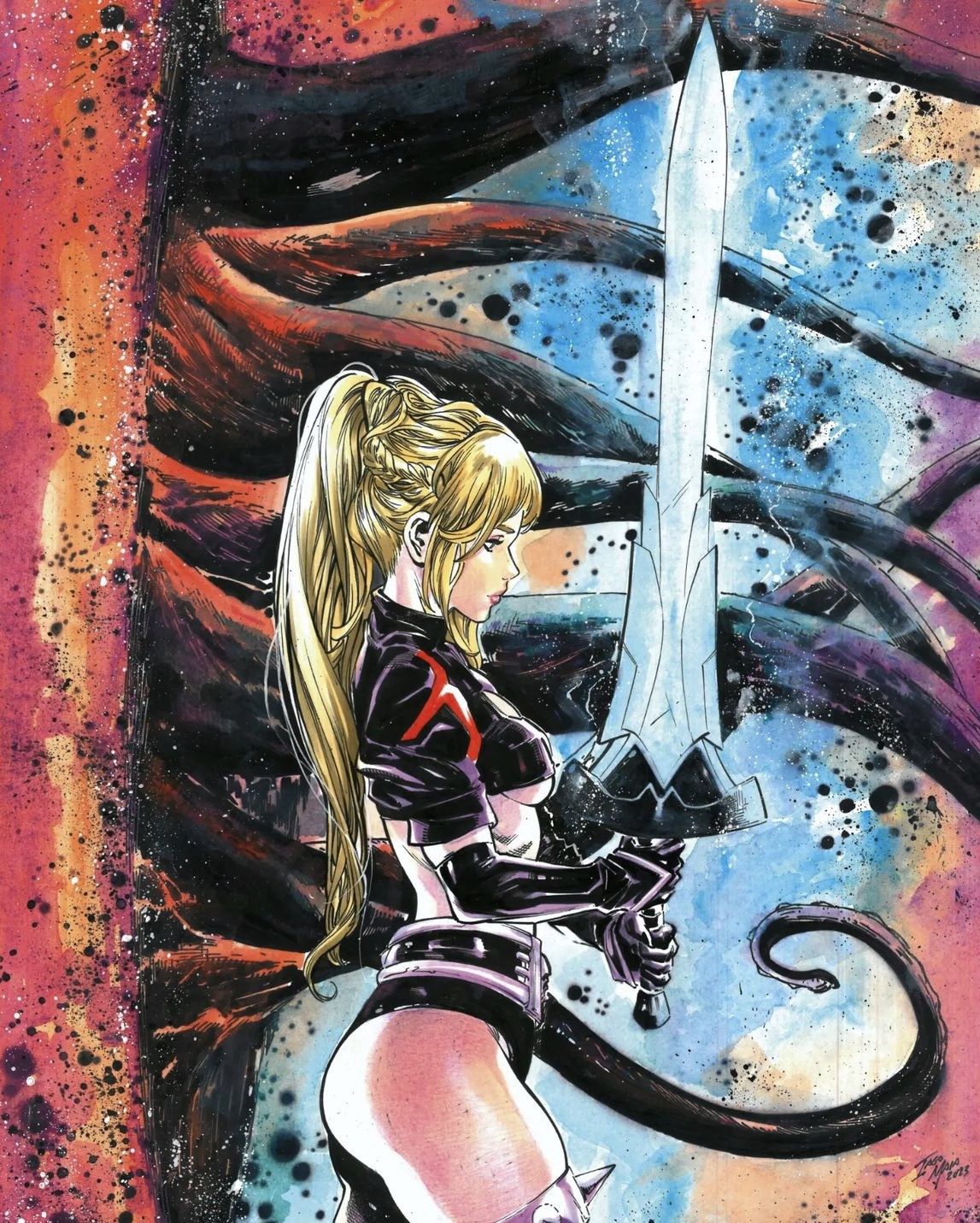 a comic art piece features a woman with blonde hair in a high ponytail, holding a large sword. she's dressed in what appears to be armor or a tightfitting outfit with red accents. the background is a mix of colors and shapes, giving a fantasy or scifi feel.