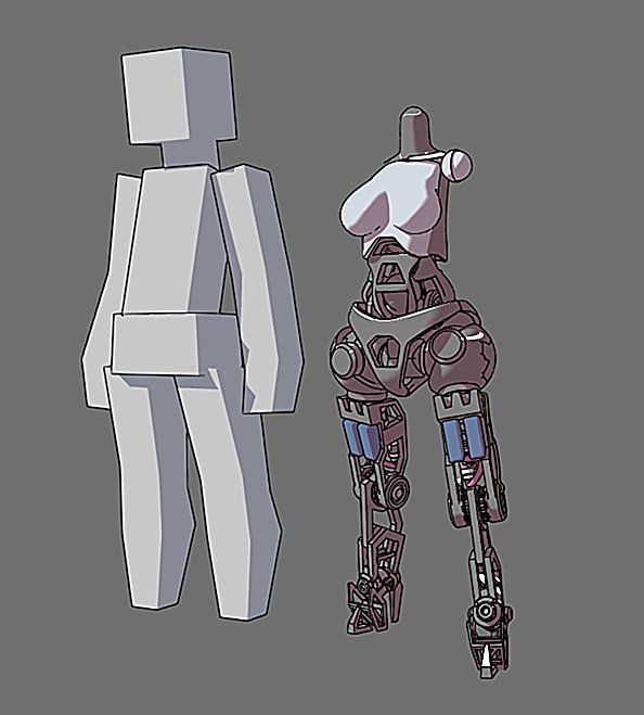 the image shows two figures. on the left is a simple, blocky humanoid figure made of stacked rectangular shapes. on the right is a partially assembled female robot, with a detailed mechanical structure visible in its torso and legs. the robot has a feminine form, with defined curves and a metallic, intricate design. both figures are standing on a gray background.