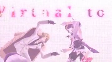 two anime characters in cosplay, one dressed in pink and white and the other in black and white, are posing for a photo while smiling brightly and having fun. the background is a soft, pastel pink with the word "virtual" in pink letters on top. the characters look energetic and are enjoying their time together, creating a cheerful and dreamlike atmosphere.