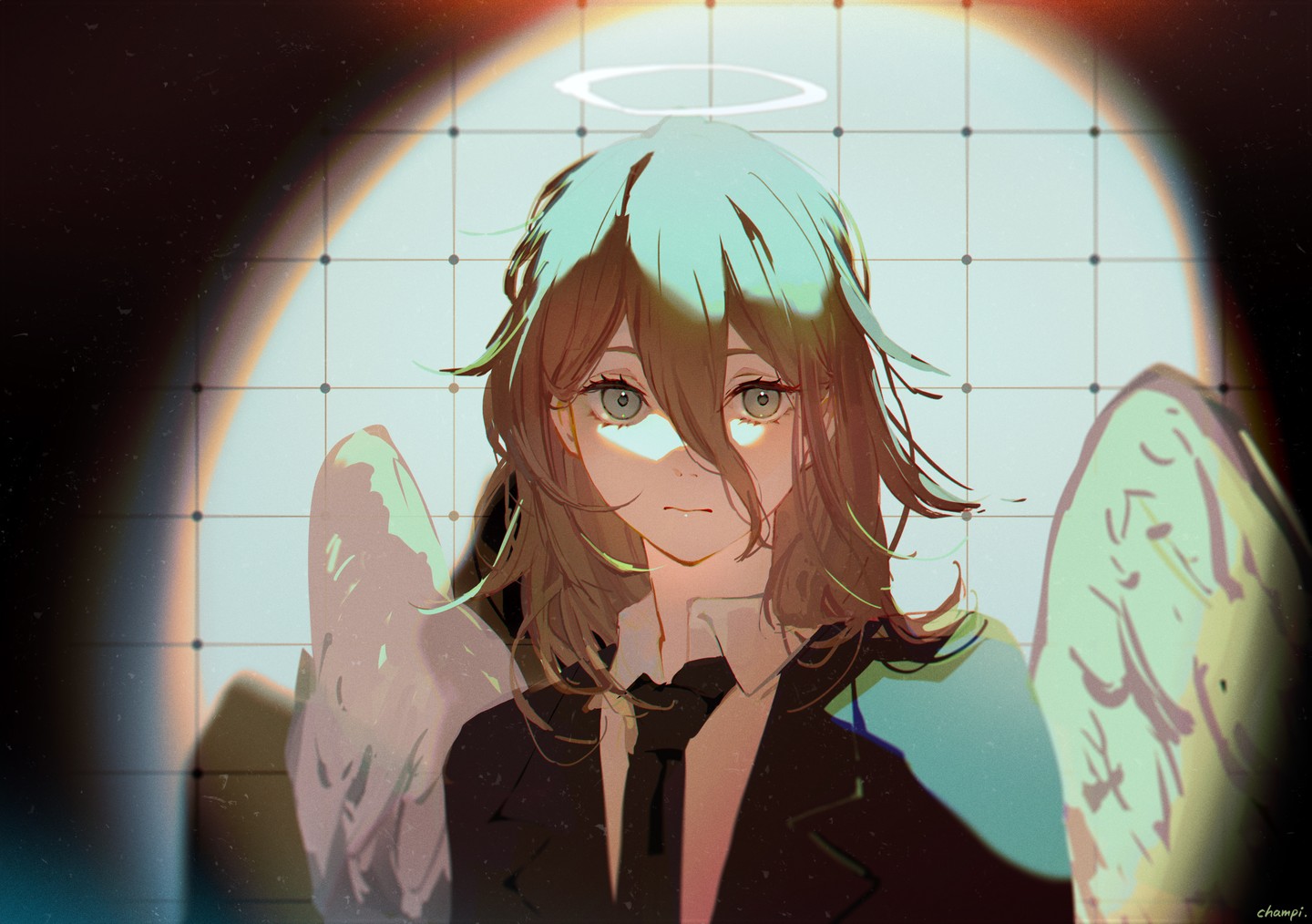the image is a digital painting of a young anime girl with light green and brown hair. she is wearing a dark suit and tie and has large, expressive green eyes.  she also has large, feathery wings and a halo, indicating an angelic character. the style is soft and dreamy, with pastel colors and subtle lighting effects creating a sense of serenity.  the girl's expression is pensive and thoughtful, and her gaze is directed towards the viewer. the background is a muted grid pattern visible through a circular lenslike effect, adding to the artwork's mysterious and evocative quality. the overall mood is peaceful, yet captivating.