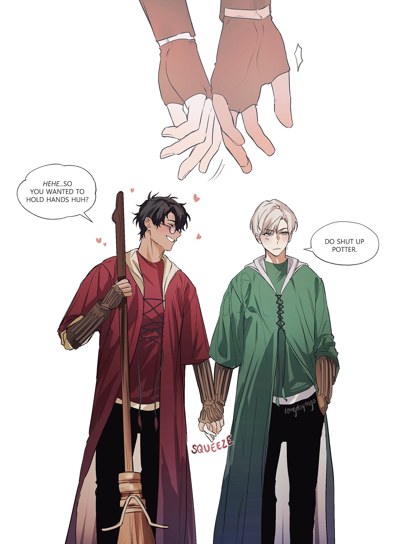 the image is fanart depicting harry potter and draco malfoy from the harry potter series, in a romantic context.  they are holding hands, with a slightly humorous/romantic caption bubble above them.  harry is dressed in gryffindor colors, carrying a broom, and draco is in slytherinesque green.  the style is anime or mangainfluenced, with a soft color palette and detailed character designs.  in the upper part of the image, two disembodied hands are shown reaching down to join harry and draco's hands together.