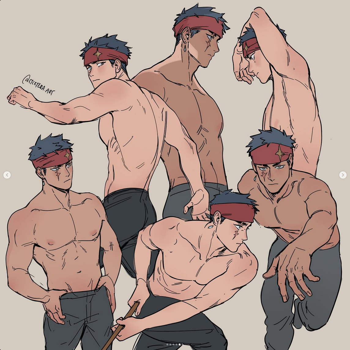 the image presents a collection of sketches featuring the same muscular male character in various dynamic poses. he wears a red headband and dark pants, wielding a staff in one pose. the artist focuses on showcasing different angles and movements, highlighting the figure's anatomy and form through soft, flowing lines.