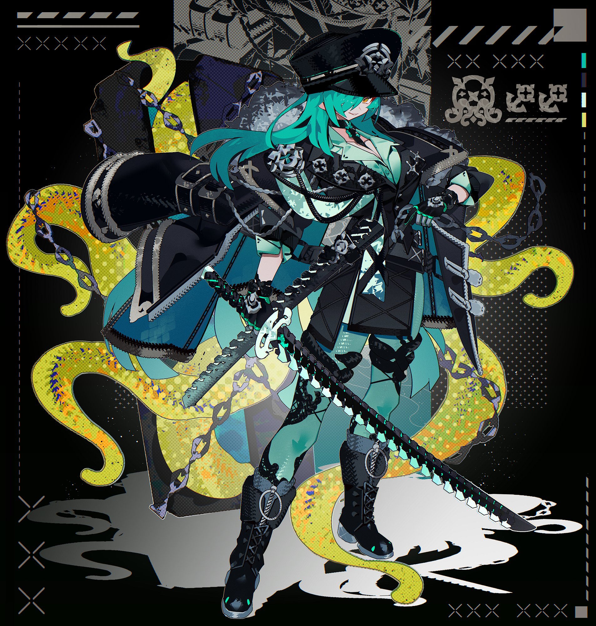 a female character stands confidently with a sword at her side. she is wearing a militaryinspired uniform and hat, and her long green hair flows behind her. tentacles with glowing yellow outlines frame the character, adding a sense of power and mystery.