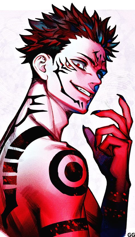 a digital illustration of sukuna from jujutsu kaisen. he is shirtless and has black tribal tattoos all over his body. he has spiky red and black hair and red eyes. he is smirking and looking to the left side of the image. his fingernails are painted black. the background is solid white.