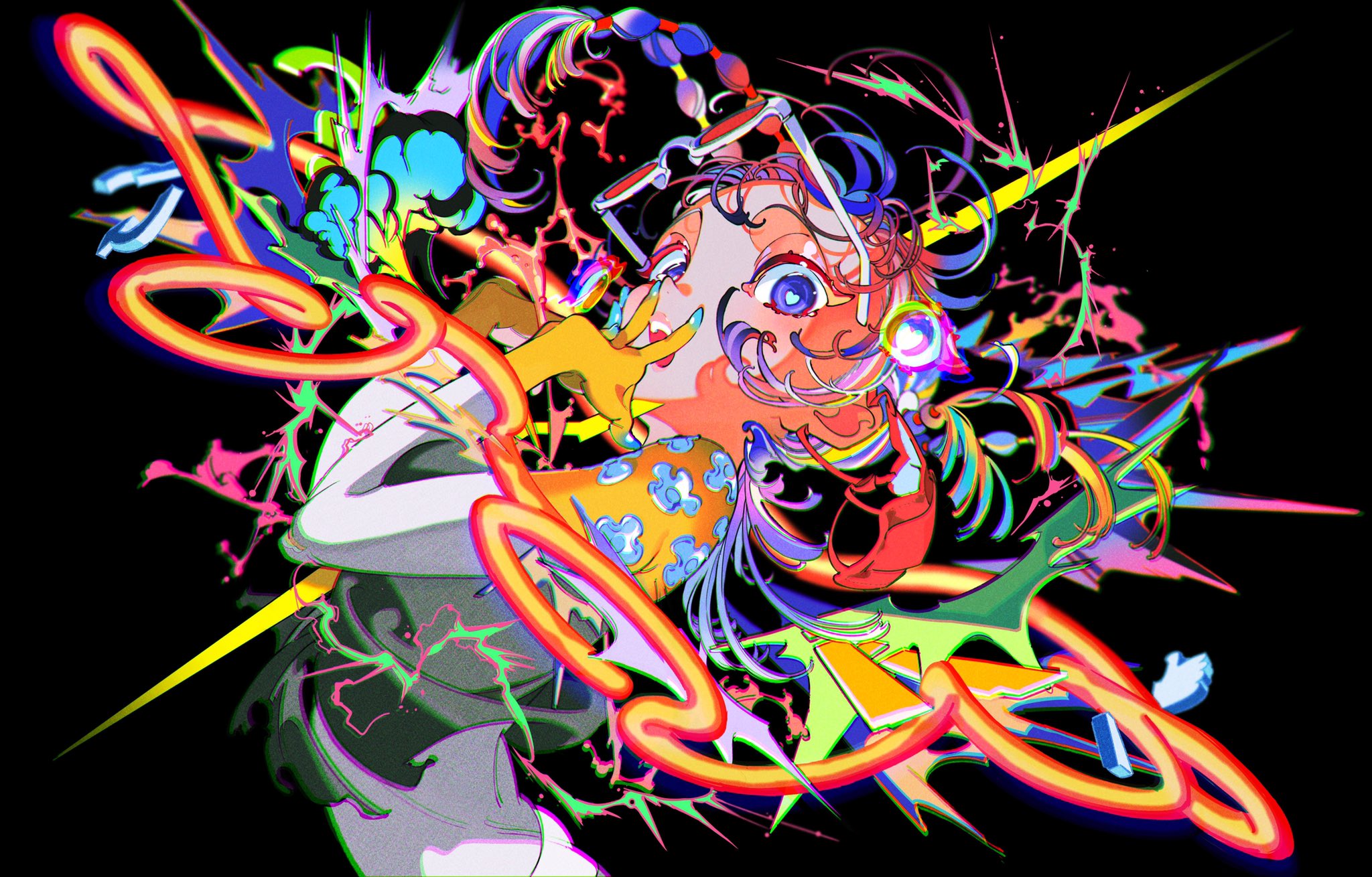 a colorful and dynamic digital art illustration of an anime girl with vibrant hair and neonlike features. the girl is wearing sunglasses and headphones, and she is in a striking pose, surrounded by abstract, psychedelic shapes and patterns. the artwork is full of energy and a sense of motion.
