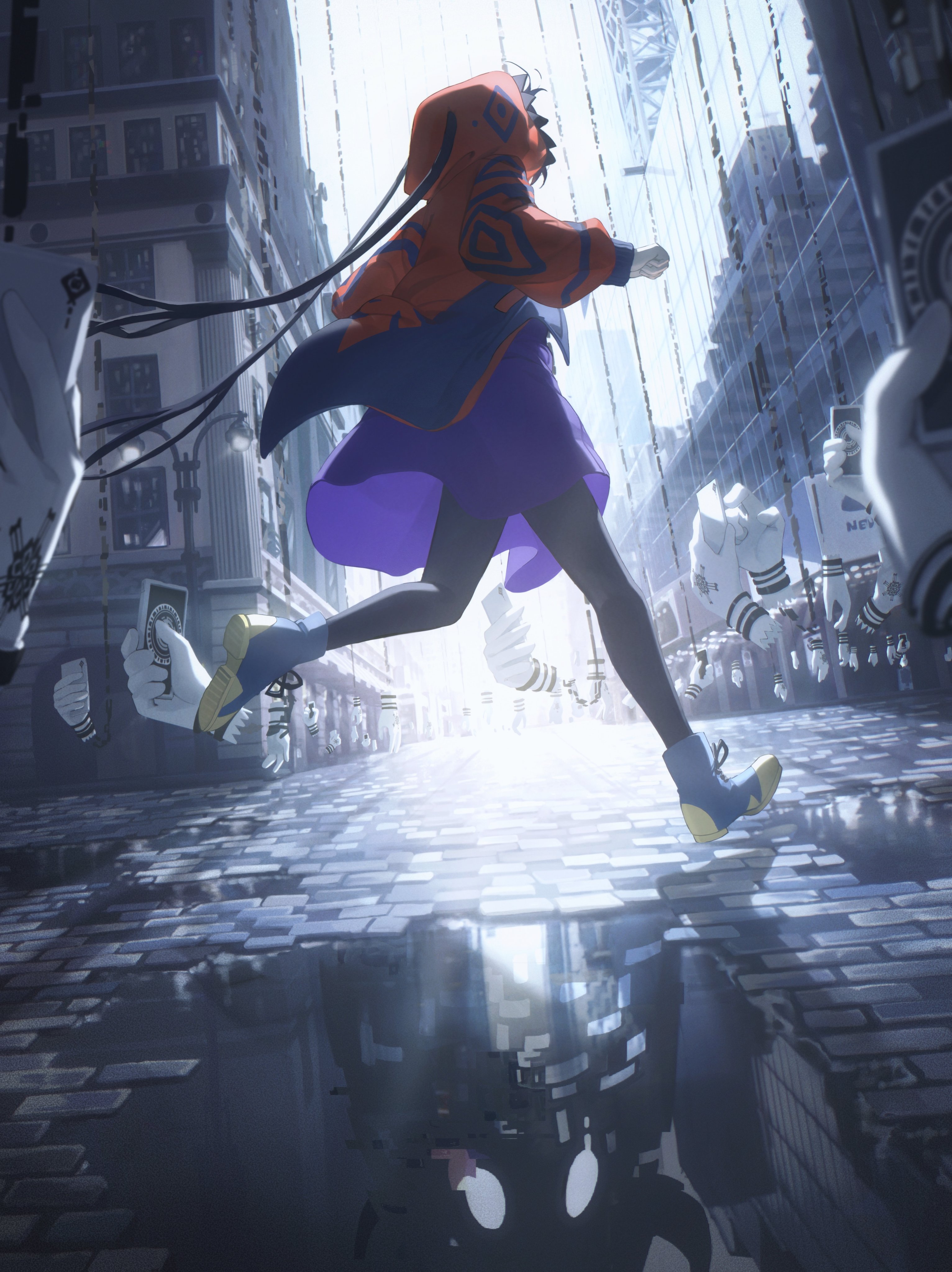 an animestyle digital art image depicts a girl running down a city street with a puddle that reflects a darker version of her. she wears an orange hoodie with blue markings over a purple dress and blue shoes with yellow heels. in the background, there are rows of humanoid robots wearing white shirts and holding playing cards. the buildings are tall and the lighting is bright.