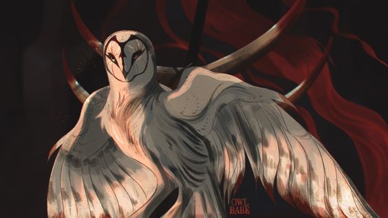 an illustration shows a barn owllike creature with outstretched wings against a dark backdrop. behind the owl, there are curved, red horns or tendrils. the owl is predominantly white with grey and brown detailing on its wings. a signature "owl babe" is present in the bottom right corner. the overall impression is dark and mystical.