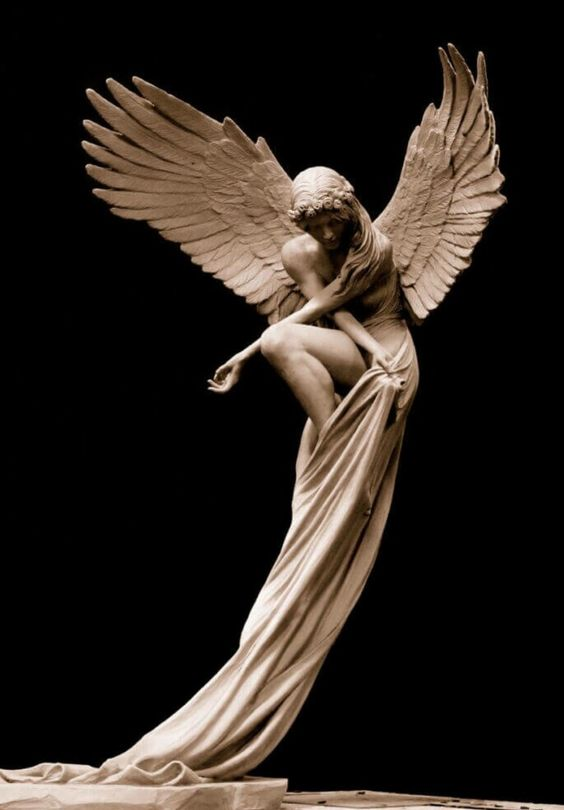 the image showcases a meticulously crafted sculpture of a female angel. her large, intricately detailed wings are spread wide against a stark black background. she stands with one leg gracefully raised, her body partially draped in flowing fabric that cascades down to the base of the sculpture. her head is tilted down, conveying a sense of sadness or contemplation.  the lighting accentuates the curves and details of the sculpture, creating a sense of depth and movement.