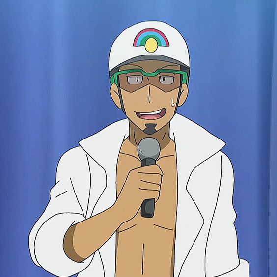 a cartoon man with tan skin and brown hair. he is wearing a white hat with a rainbow on it, green tinted glasses, and a partially unbuttoned white jacket, exposing his bare chest. he is holding a microphone and appears to be speaking or singing. he has a goatee and appears happy, with a bead of sweat on his cheek. the background is solid blue.