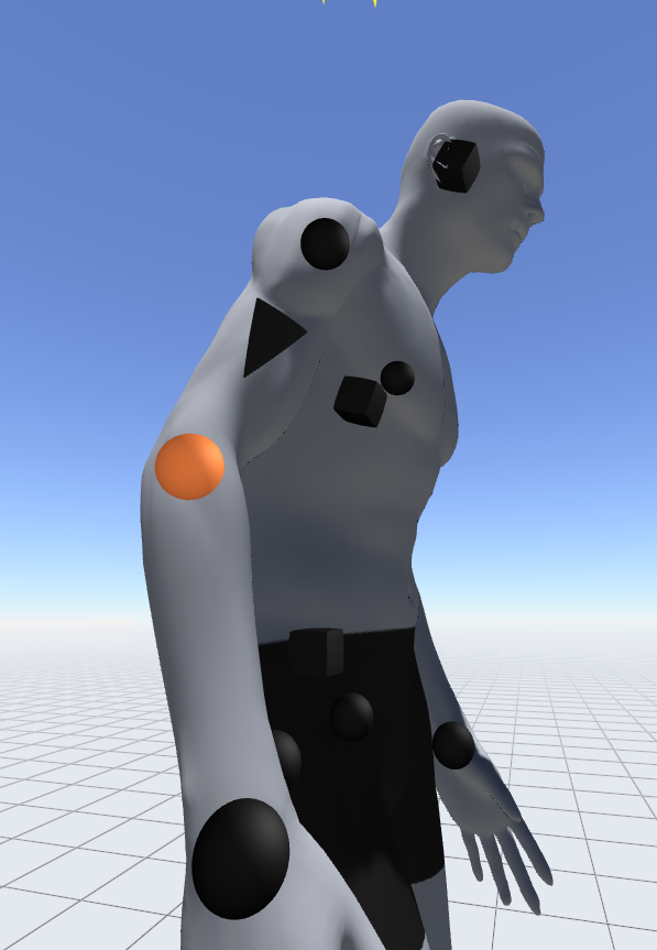 a 3d model of a male figure with black geometric shapes and an orange circle placed on its body, likely representing motion capture markers. the model is set against a light blue backdrop and a white grid floor, giving the impression of a virtual studio environment. the lighting suggests natural sunlight, illuminating the model from above. the perspective is a side view, showcasing the model's profile.