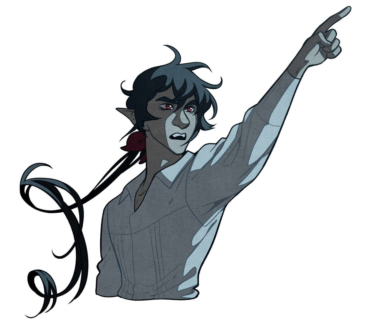 a waistup illustration of a man with elflike features, including pointed ears,  pointing upwards with his right hand. he has pale skin, sharp red eyes, and long, dark hair styled with a red ribbon. his expression is serious as he bares his fangs.  he is wearing a white, collared shirt with pleats down the front. the color scheme is predominantly cool grays and blues, with a splash of red in his eyes.