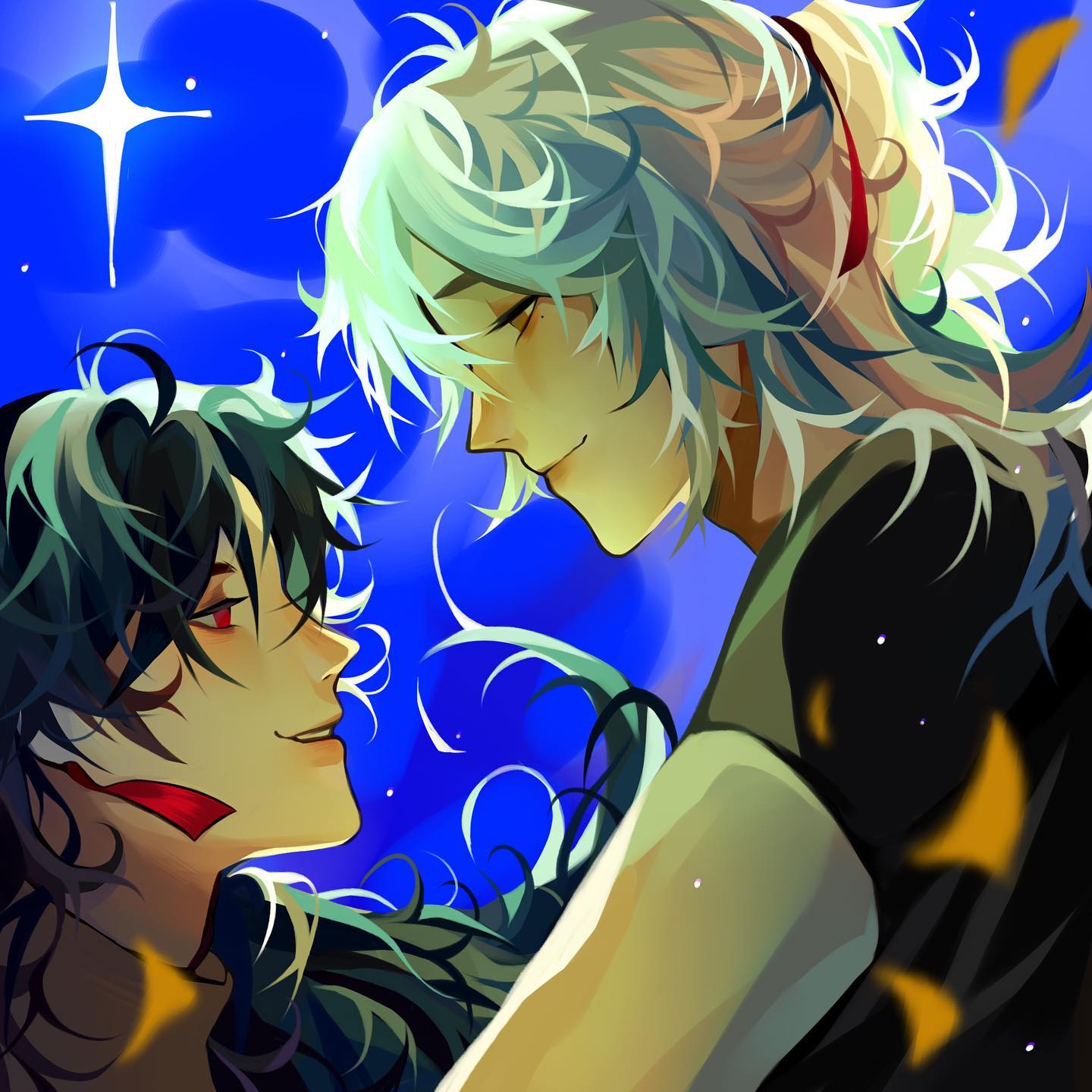 the image is a digital painting in an anime style depicting a romantic scene between two young men.  the style is vibrant and expressive, with loose brushstrokes and a focus on capturing emotion. one young man has long, flowing white hair, while the other has long, dark hair.  they are intimately close, their faces nearly touching, suggesting a deep connection. the background is a stylized starry night sky in shades of deep blue.  the overall atmosphere is romantic and slightly mystical. the art style is highly stylized and evocative, rather than photorealistic.