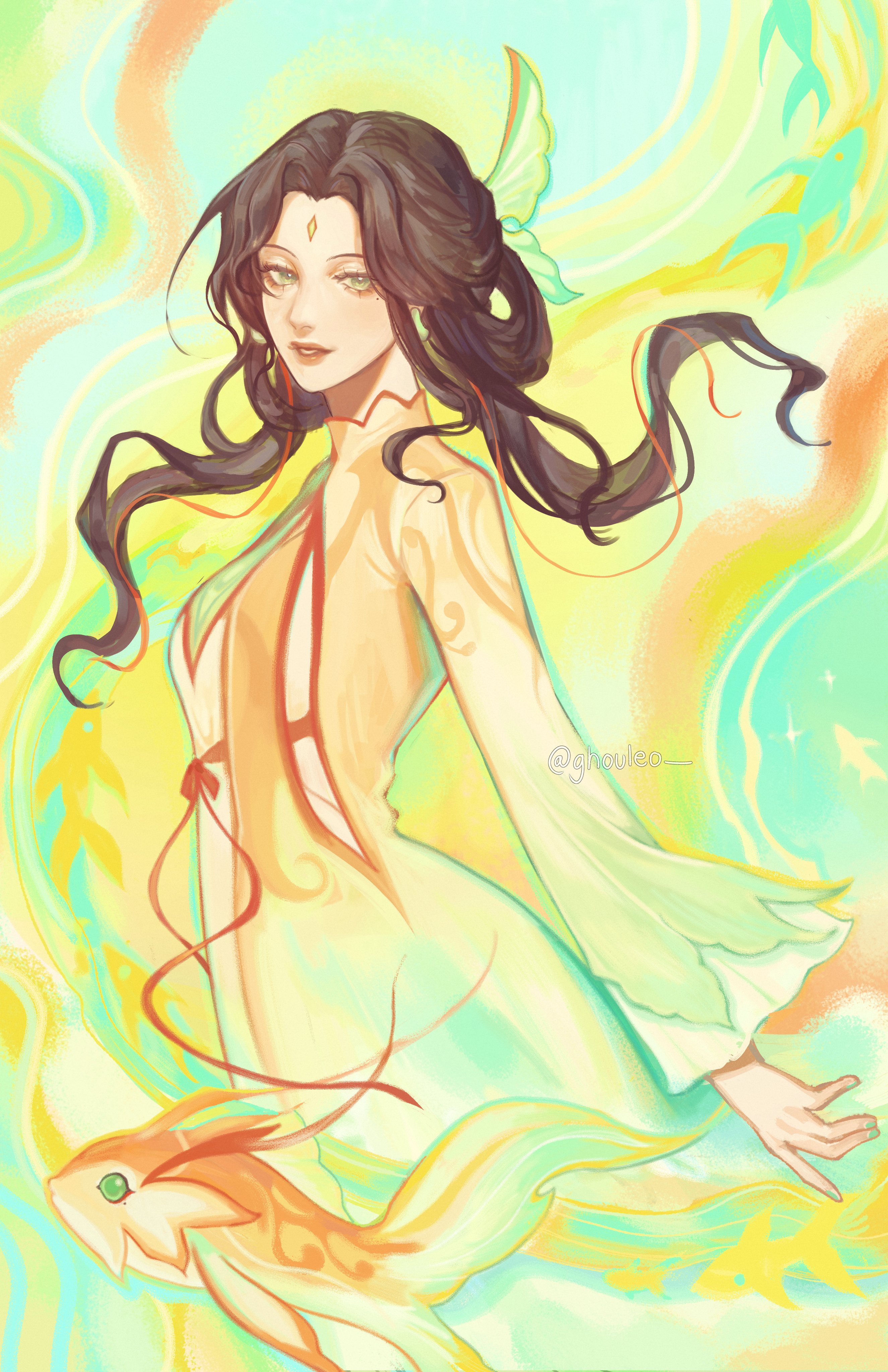the image is a digital illustration of a beautiful anime girl with long dark hair wearing a flowing green and yellow dress.  her eyes are green and she has a small golden crown on her head.  she is surrounded by swirling patterns of green, yellow, and orange and there is a yellow fish swimming in the foreground. the art is delicate and ethereal.  the overall feel is very mystical and dreamlike.