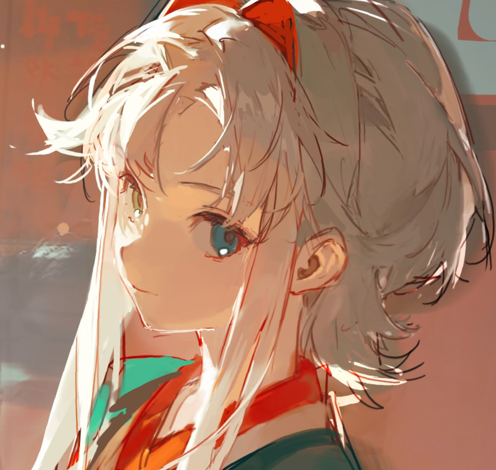 the image showcases a digital illustration of a young anime girl with white hair styled with a red ribbon. her captivating heterochromatic eyes add a unique charm to her appearance. she is depicted in a closeup, side view perspective, bathed in warm, soft lighting. the background features a harmonious blend of warm hues, complementing the overall aesthetic. her expression exudes a sense of gentle contentment. she wears a traditionalinspired outfit, adding a touch of cultural elegance to her portrayal.  the style of the artwork leans towards a slightly impressionistic approach, with visible brushstrokes and color blending, creating a dreamy and evocative atmosphere.