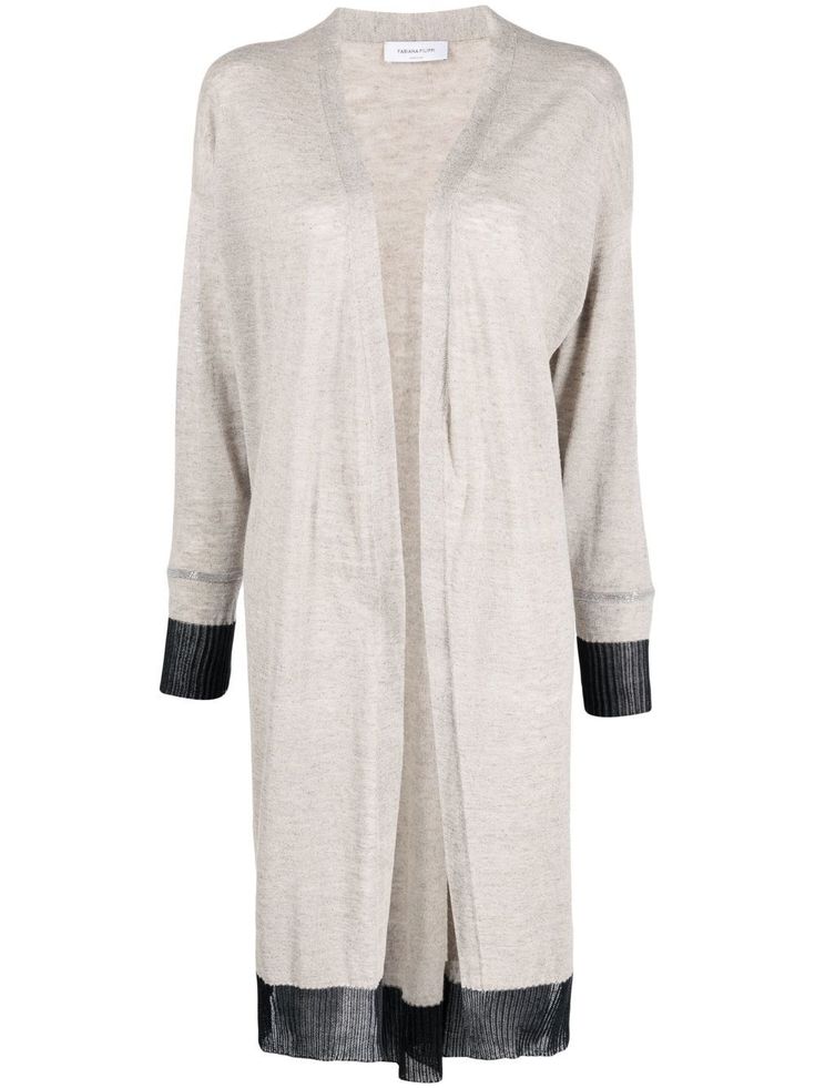 a women's long grey cardigan with a black trim, open front and long sleeves. the cardigan is made of knit material.