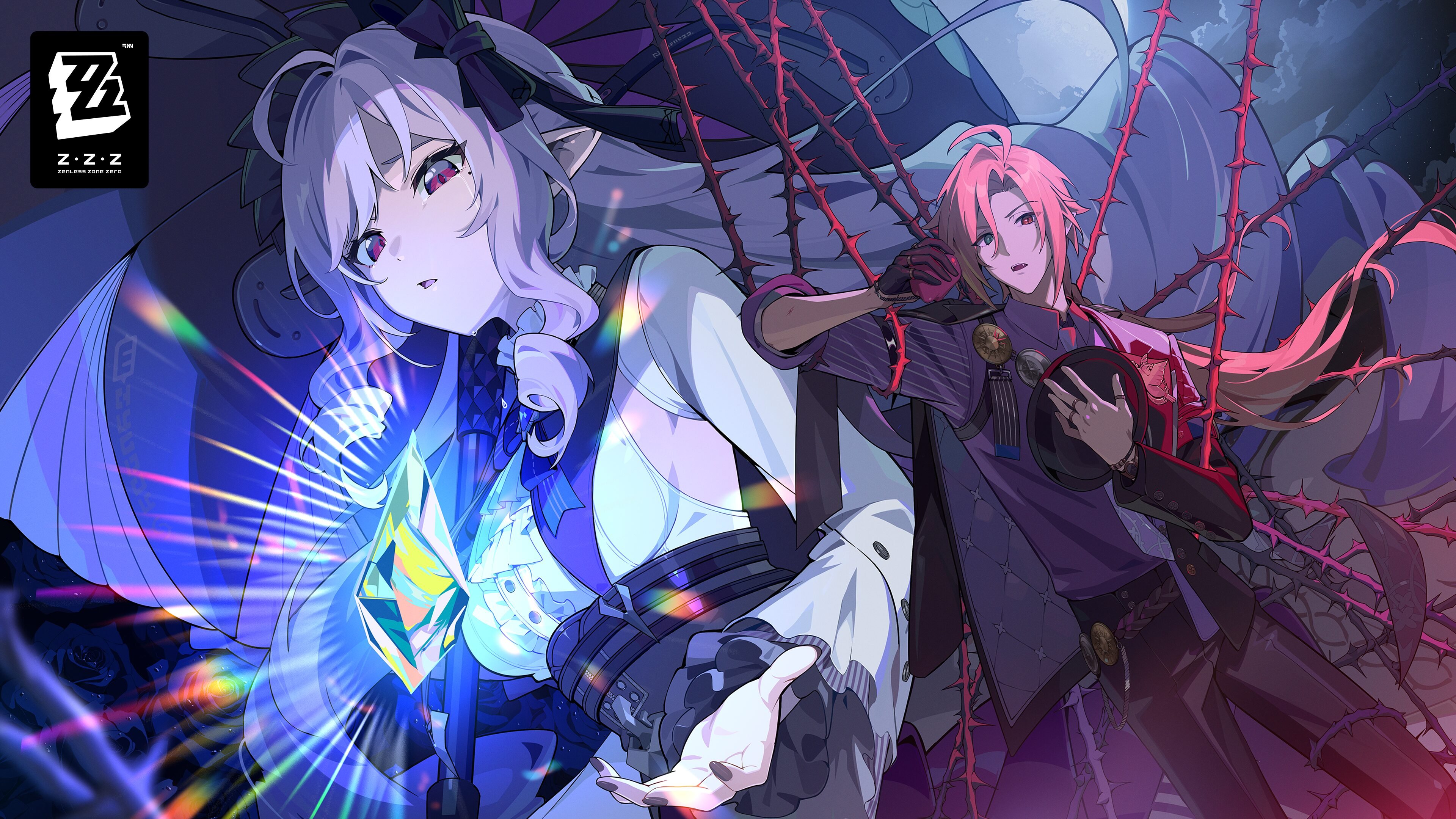 the image features two animestyle characters from the game zenless zone zero (zzz). on the left, a female character with long white hair, pointed ears, and purple eyes is holding a large, glowing crystal pendant. she wears a white and blue outfit with a bow on her head. on the right, a male character with long pink hair and red eyes holds a hat in his hand, wearing a purple and black suit. thorny vines are present in the background, adding to the atmosphere. the zzz logo is visible in the upper left corner. the characters are belle and souffle.