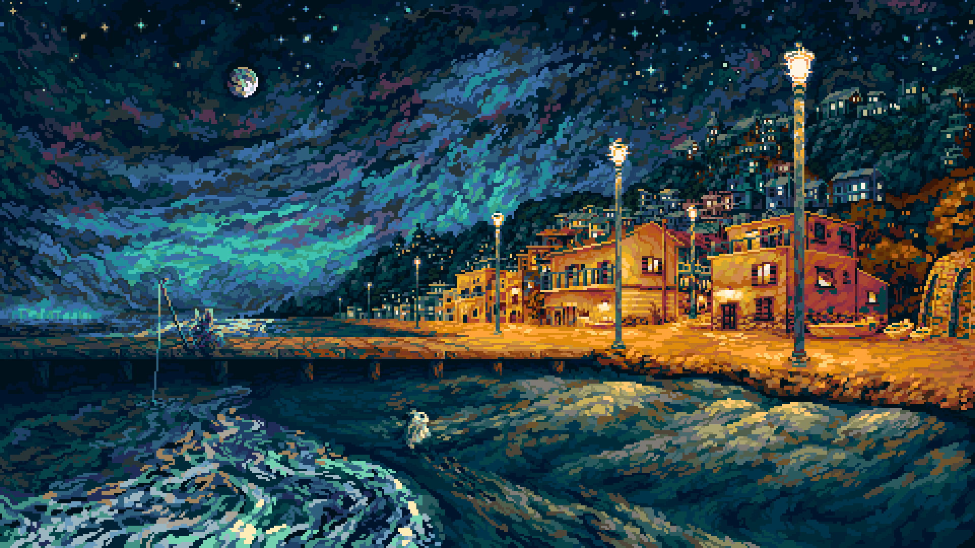 this image is a pixel art illustration depicting a serene night scene at a seaside town. the artwork showcases a calm ocean with gentle waves lapping against a wooden pier. a fisherman sits patiently on the pier, his fishing rod extending into the water. in the background, a charming town with brightly lit buildings is nestled on a hillside. the sky is filled with stars and a luminous moon, creating a magical and peaceful ambiance. the style of the art is reminiscent of classic 8bit video games, with a focus on vibrant colors and pixelated details. the overall mood is tranquil and nostalgic, conveying a sense of quiet contemplation and connection with nature.