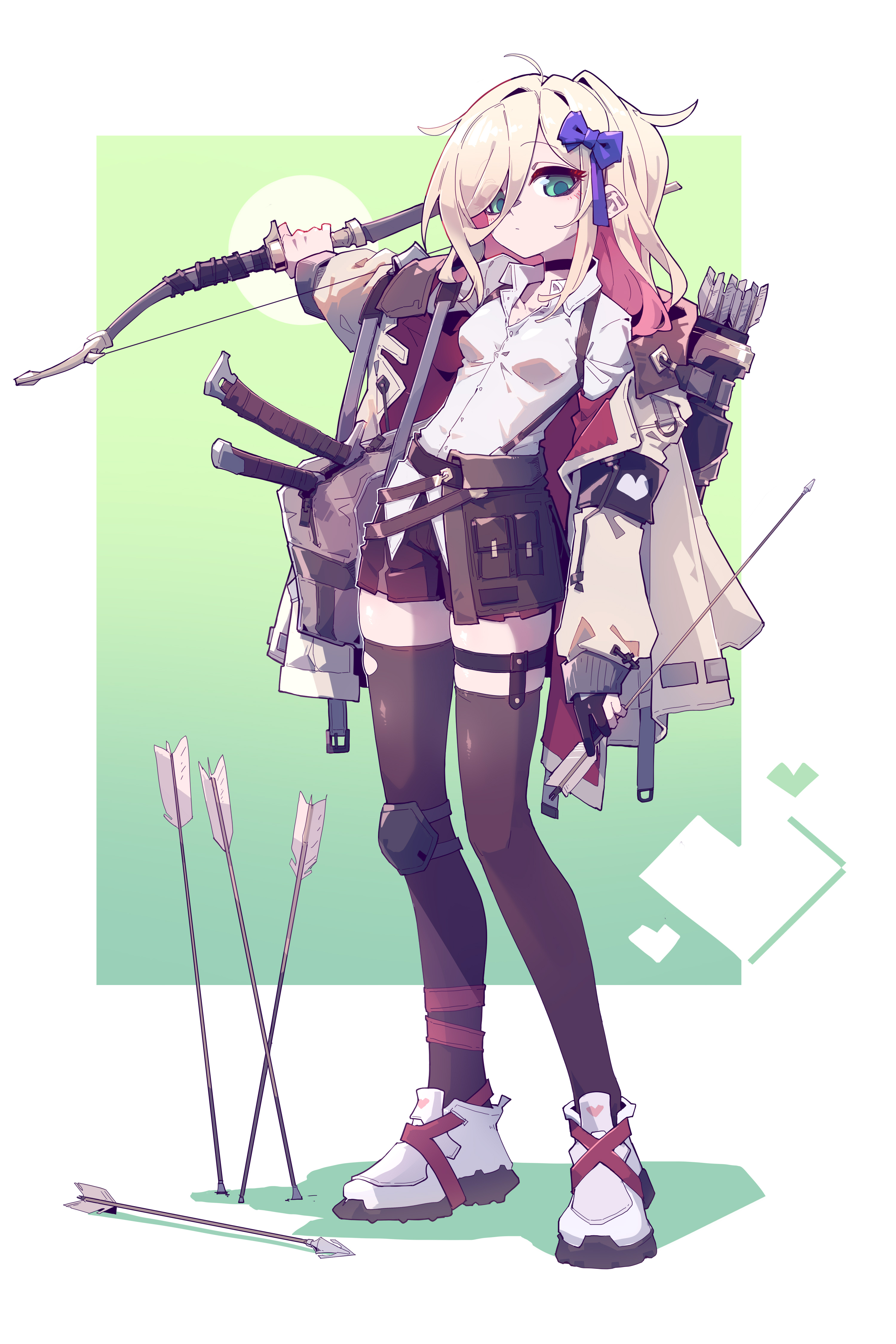 a fullbody anime style illustration depicts a young woman dressed as an archer. she has blond hair with a blue bow and an asymmetrical hairstyle. she is wearing a white shirt and a red jacket, along with dark thigh high socks, knee pads, and white boots. she carries a bow and arrows and has a utility belt. three arrows are standing upright on the ground near her feet, and another arrow lies flat. the background features a soft green rectangle behind her.