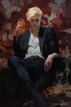 a young man with tousled blond hair, dressed in a black suit and white shirt, sits amidst a dimly lit and cluttered room. he holds a glass of amber liquid in one hand, seemingly lost in thought. papers are scattered around him, hinting at a creative or intellectual pursuit. a halffull wine glass rests on a nearby table, adding to the air of quiet contemplation. the scene is dramatically lit, with warm light highlighting the subject against a dark background.
