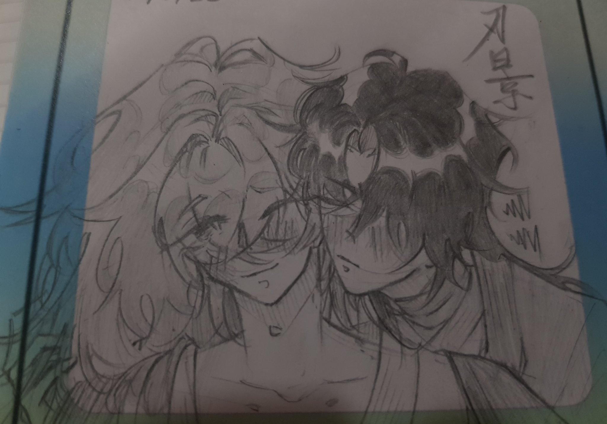 this is a pencil sketch of two anime girl characters. the girl on the left is holding the girl on the right and they are both looking at each other. the sketch is drawn in a simple style and the lines are rough. the characters are not fully drawn, only their heads and shoulders are visible. the background is blank and the only details are the characters' faces.