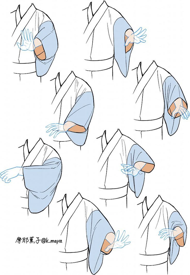 this image is a drawing tutorial showing different ways to draw sleeves in a kimonostyle garment. there are seven examples of sleeves with hands reaching out from the opening. the sleeves have various shapes and folds, indicating different movements or poses of the arm. the kimono garment has a loose and flowing fabric.